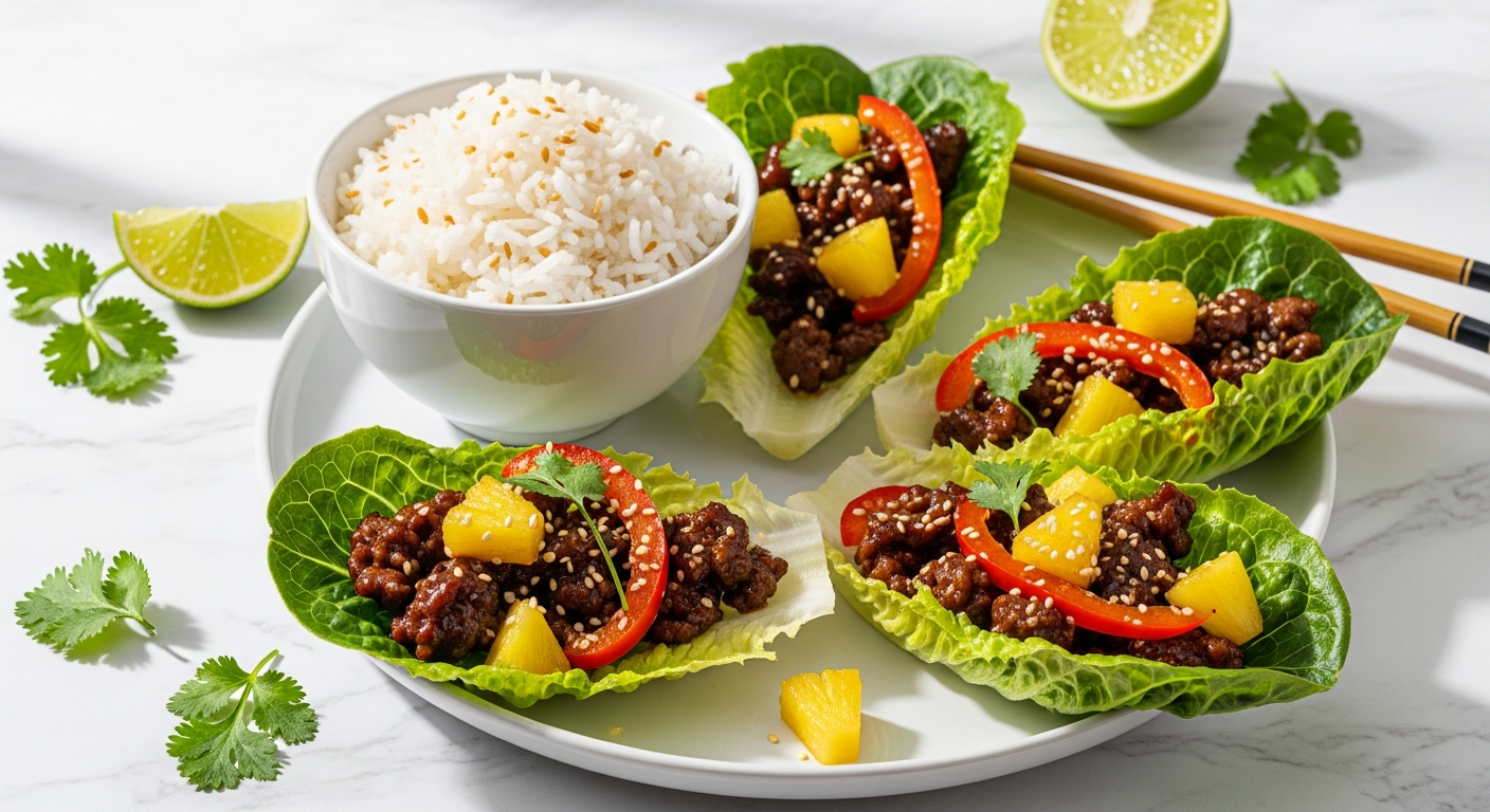 Korean-Style Beef and Pineapple Lettuce Wraps with Coconut Rice